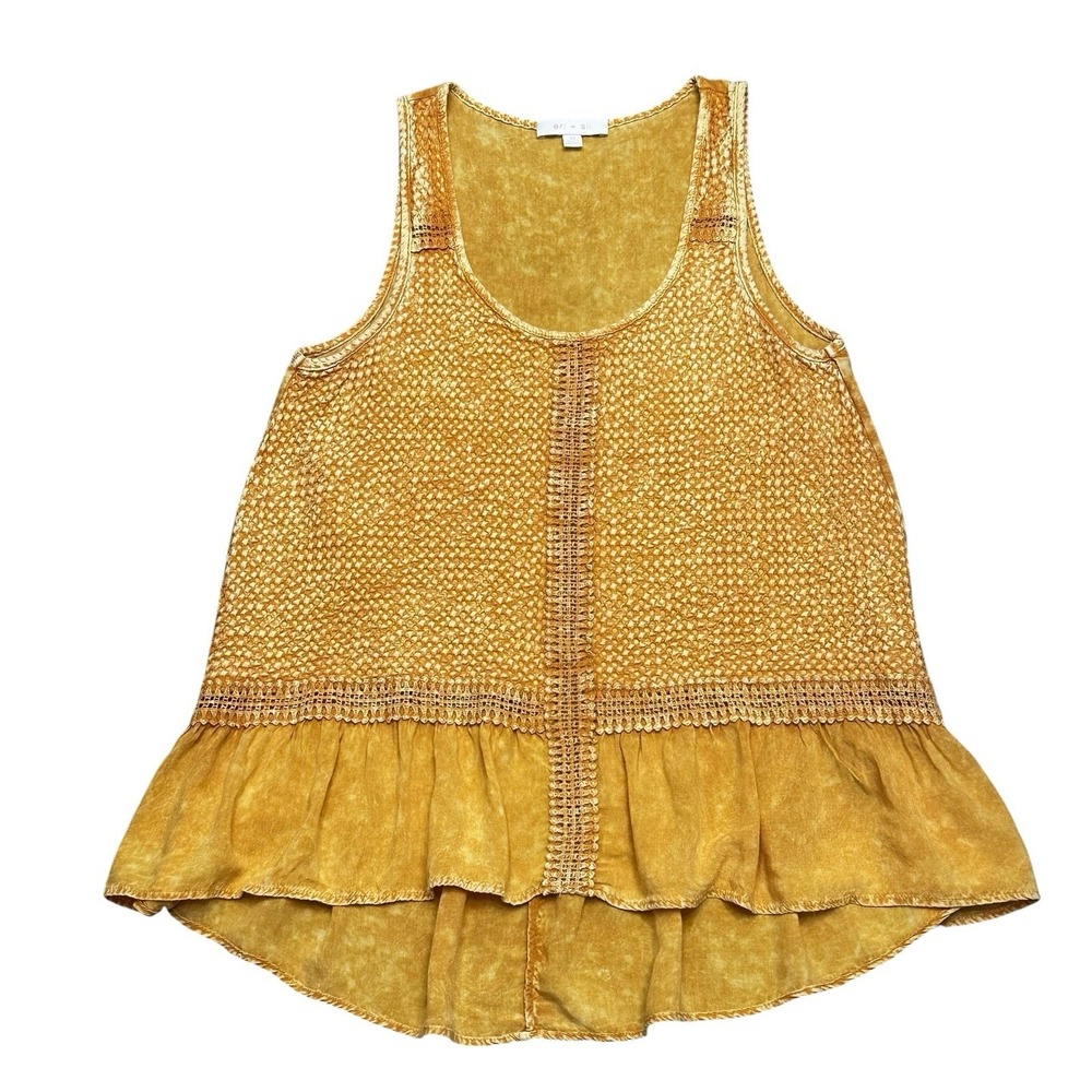 Eri + Ali Anthropologie Mustard Yellow Smocked Crochet Lace Ruffle Tank Top M